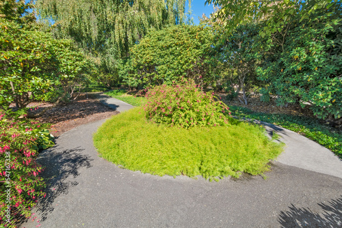Paved pathway through a park with round flowerbed in the middle