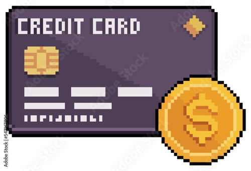 Pixel art credit card with coin vector icon for 8bit game on white background
