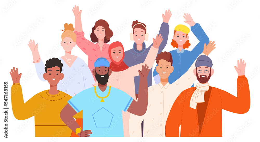 Group photo. Smiling people raising hands in greeting gesture Group photo. Smiling people raising hands in greeting gesture