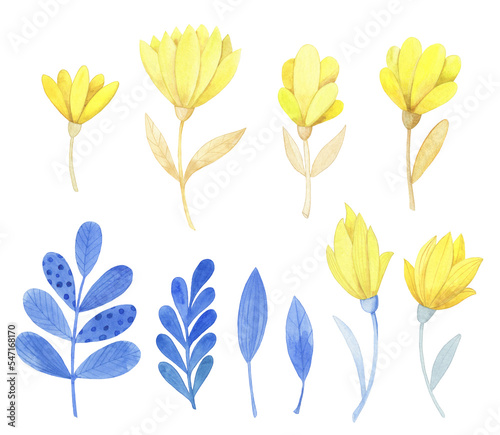 set of watercolor small flowers and leaves. hand drawn illustration  elements in blue and yellow colors