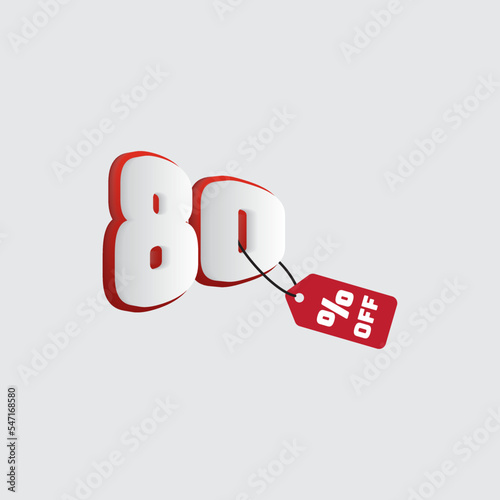 80% off price tag, 3D text effect for sale label, sticker or banner, white and red, price tag vector