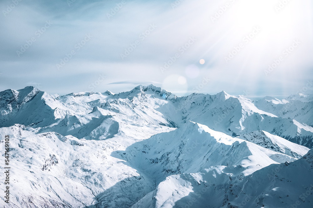 Wild and untouched snowy mountain landscape in breathtaking winter atmosphere photographed in Mölltal Glacier ski resort. Mölltaler glacier, Flattach, Kärnten, Austria, Europe.