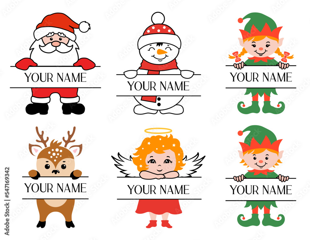 Set of Christmas monogram for kids with space for text. Kids Christmas name sign. Peeking face Santa, deer, elf, angel. Baby Christmas design.
