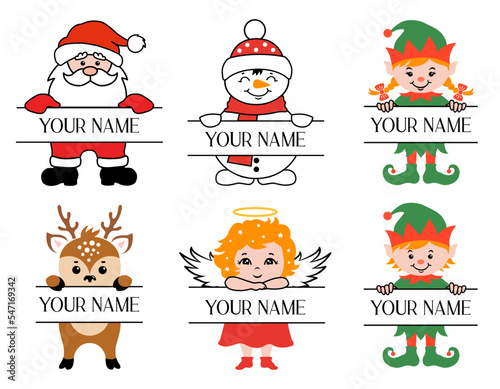 Set of Christmas monogram for kids with space for text. Kids Christmas name sign. Peeking face Santa  deer  elf  angel. Baby Christmas design.
