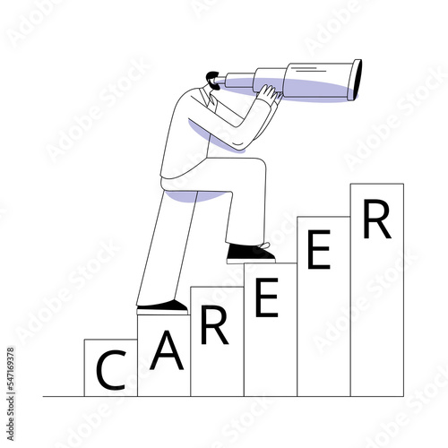 A man with binoculars stands at the beginning of the career ladder. Vector illustration is not a career planning topic.