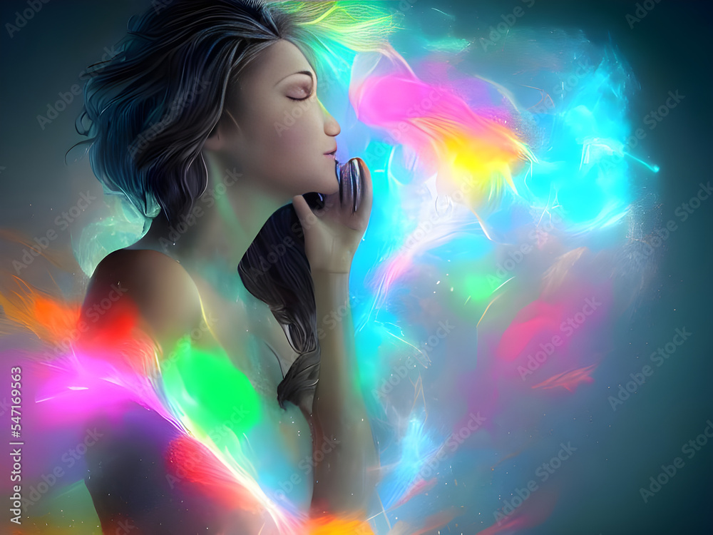 Frau beim Träumen, Visualisierung mit Neonlichter, abstrakte Illustration
