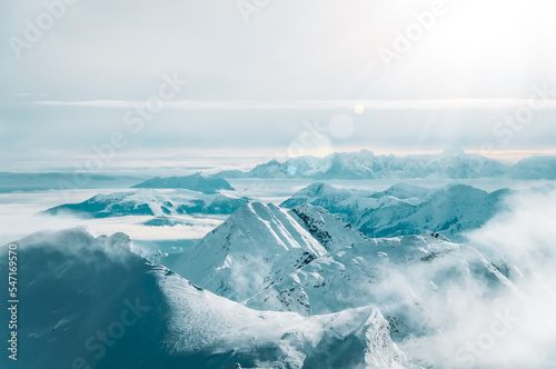 Wild and untouched snowy mountain landscape in breathtaking winter atmosphere photographed in Mölltal Glacier ski resort. Mölltaler glacier, Flattach, Kärnten, Austria, Europe. photo