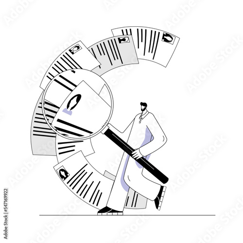 HR manager uses a magnifying glass to view various resumes. Vector illustration of outline style.