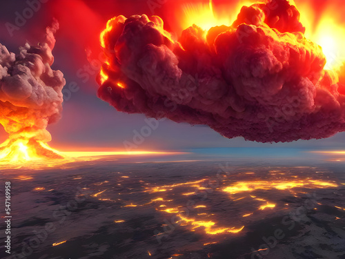 Atomare Wolke, Atompilz und Explosionen über zerstörter Welt im dritten Weltkrieg photo