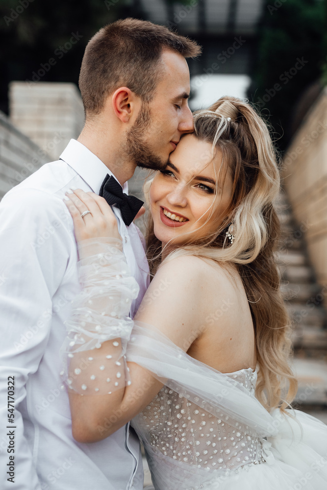 beautiful couple in love. stylish groom with the bride in a wedding dress beautiful couple in love. stylish groom with the bride in a wedding dress