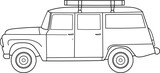 Off-road retro travel suv car with roof rack, side view. Vector outline doodle illustration