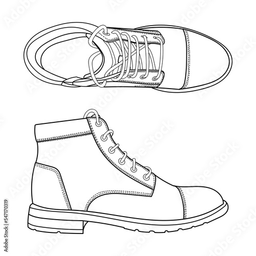 Vector hand drawing illustration with men fashion oxford boots, side and top view. Ouline doodle illustration