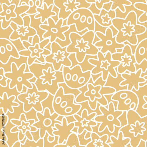 Vector repeat pattern with overlapping floral elements, yellow with white outlines