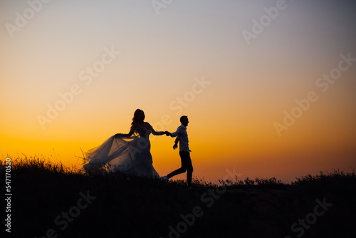 silhouette of a cheerful couple, the bride and groom in a wedding dress, laughing and holding hands, run across the field.