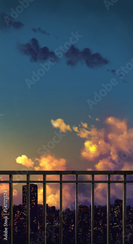 【遠景イラスト】屋上から見た夕方のビル街