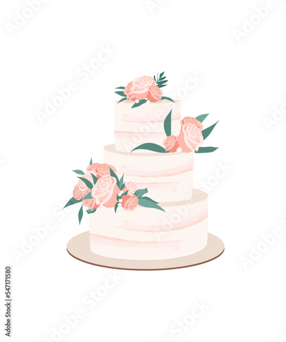 Wedding cake decorated with rose flower and leaves. Festive dessert three-tiered vanilla with rose frostin. Vector illustration isolated
