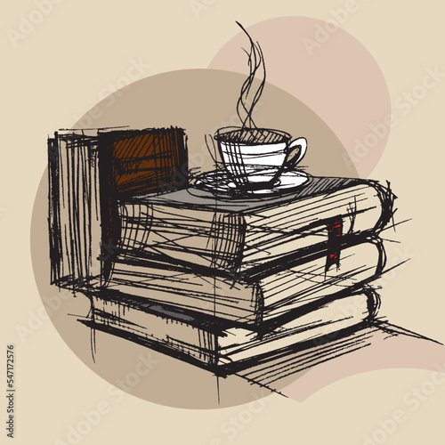 Line drawing of books. A cup of coffee stands on a stack of books. Library. Reading literature. Textbooks. Publishing house. Cover