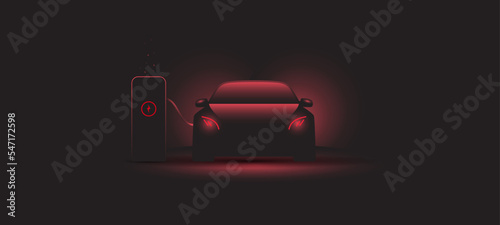 Plugin hybrid electric vehicle vector with car connected to an electric charging station and with red glow 