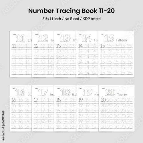 Number Tracing Book 11-20 practice worksheet.Worksheet for Kids kindergarten students.Exercises handwriting practice learning and count numbers.