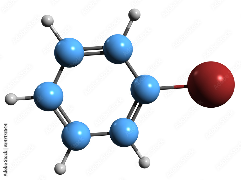 3D image of Bromobenzene skeletal formula - molecular chemical structure of aryl halide Phenyl Bromide isolated on white background
