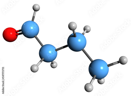  3D image of Butyraldehyde skeletal formula - molecular chemical structure of  butanal isolated on white background
 photo