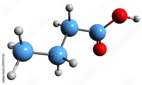 3D image of Butyric acid skeletal formula - molecular chemical structure of  butanoic acid isolated on white background photo