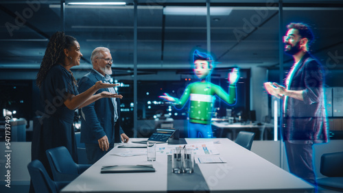 Future Office Online Meeting Video Conference Call: Businesspeople Connect to Augmented Reality Metaverse, Talk to Digital Entrepreneur. Hologram Avatar of Virtual Asisstant and Colleague Concept.