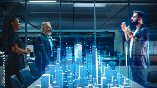 Future Office Online Meeting Video Conference Call: Businesspeople Connect to Augmented Reality Metaverse, Talk to Real Estate Entrepreneur About Megapolis Project. Hologram Concept Simulation.