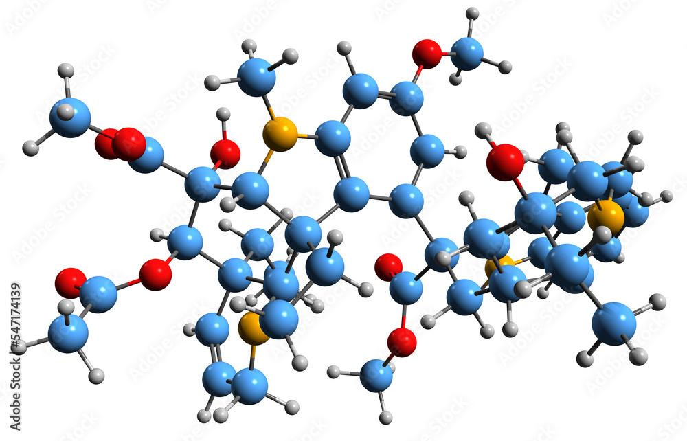 3D image of Vinblastine skeletal formula - molecular chemical structure of chemotherapy medication isolated on white background
3D image of Vinblastine skeletal formula - molecular chemical structure of chemotherapy medication isolated on white background