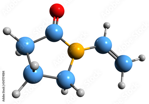 3D image of vinylpyrrolidone skeletal formula - molecular chemical structure of Polyvinylpyrrolidone monomer isolated on white background
 photo