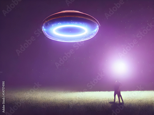 Außerirdische Ankunft auf der Erde, rundes Flugobjekt mit strahlendem Lichtring