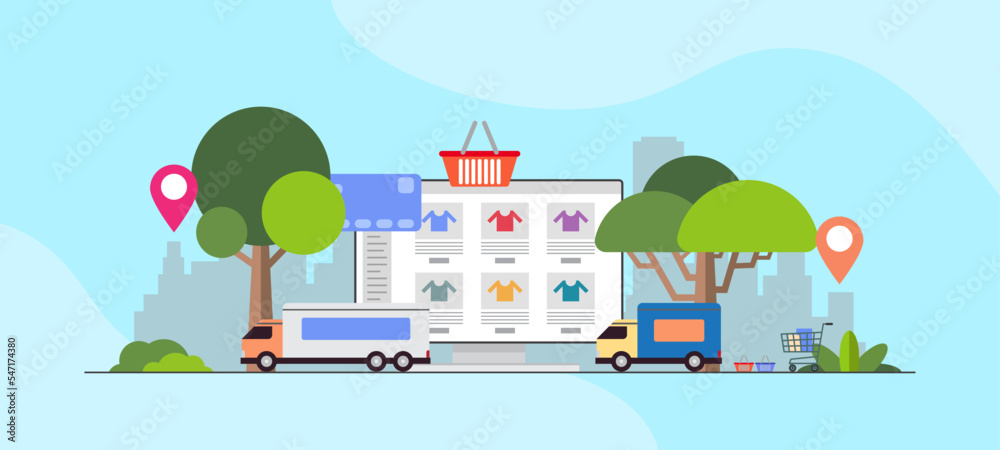 Online shopping on application and website concept, digital marketing online, shopping cart with new items on screen and delivery trucks.