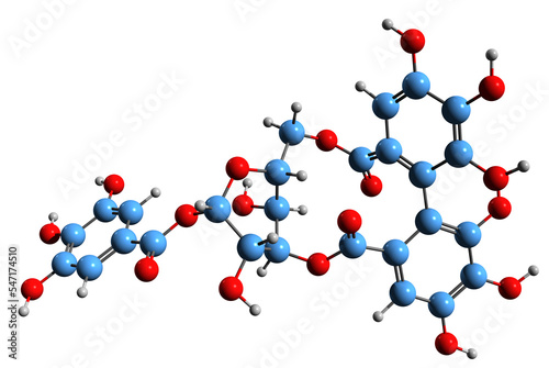  3D image of Gallotannin skeletal formula - molecular chemical structure of  hydrolysable tannin isolated on white background
