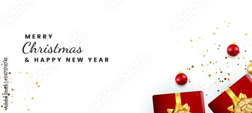 Merry Christmas & Happy New Year Promotion Poster or banner with red gift box for Retail, Shopping or Christmas Promotion in red and black style.