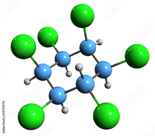  3D image of Hexachlorocyclohexane skeletal formula - molecular chemical structure of  polyhalogenated organic compound isolated on white background
 photo