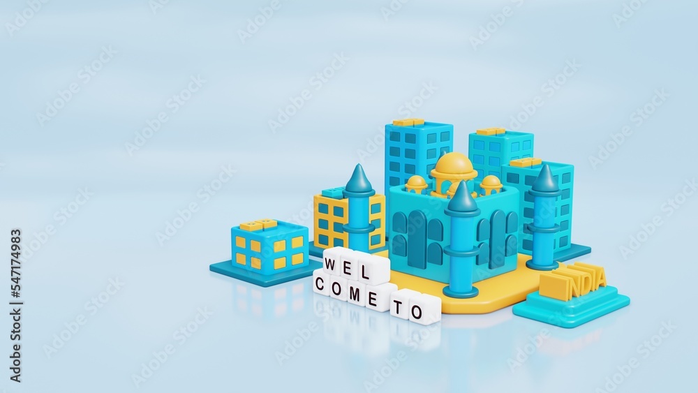 Naklejka premium 3d illustration India background city with building, tree space and Taj Mahal as landmark in blue