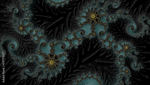 spiral fractal in yellow, teal and black