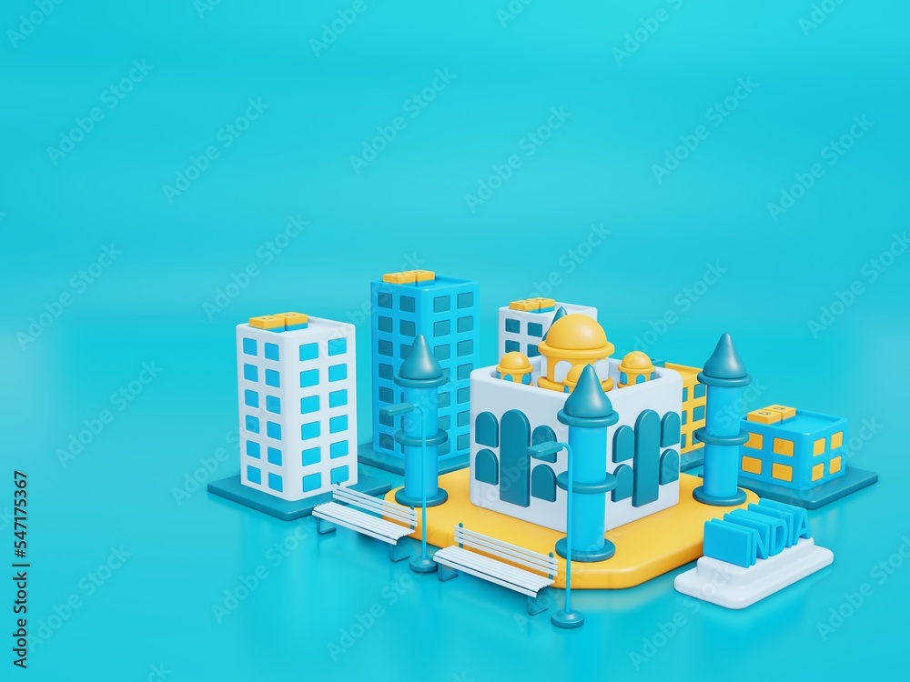 3d illustration India city background with green space area in blue and yellow color