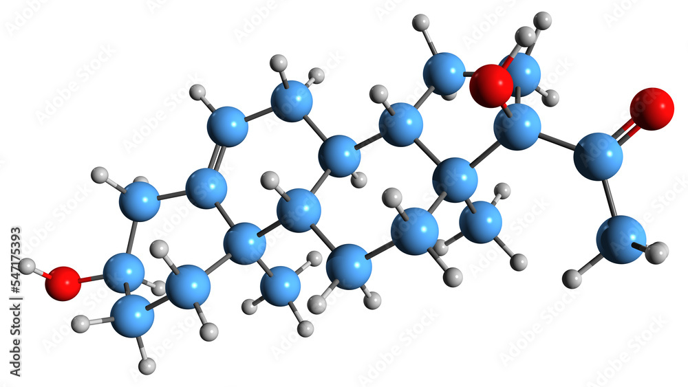 3D image of Hydroxypregnenolone skeletal formula - molecular chemical structure of  neuromodulator pregnane steroid isolated on white background

