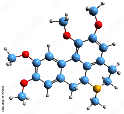 3D image of Glaucine skeletal formula - molecular chemical structure of aporphine alkaloid isolated on white background
 photo