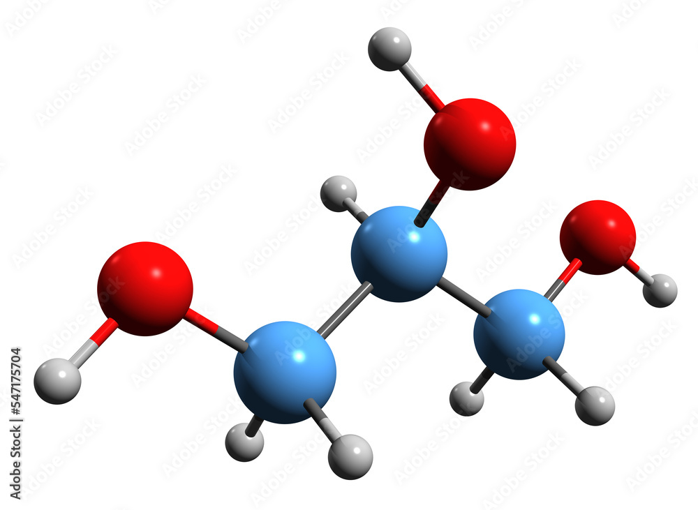 3D image of Glycerol skeletal formula - molecular chemical structure of glycerine isolated on white background
3D image of Glycerol skeletal formula - molecular chemical structure of glycerine isolated on white background