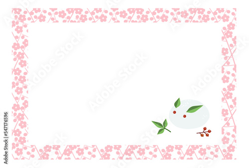 Frame with a pattern of branches with pink plum blossoms with illustration of a rabbit made of snow and nandina berries and leaves. With white copy space.