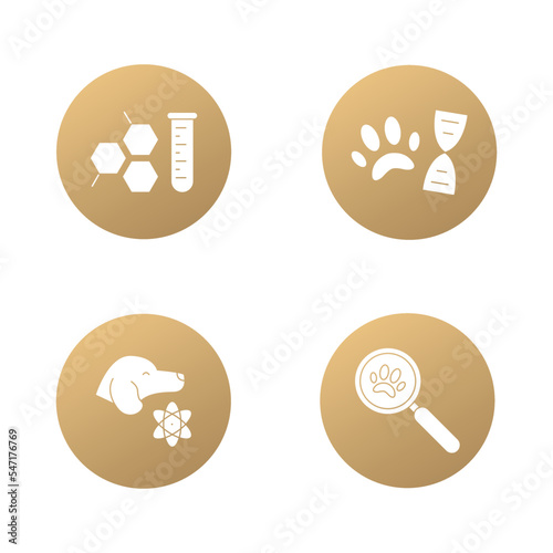 Puppy DNA kit circular icon set, pet breed analysis concept, domestic dog species identification vector icons, animal evolution emblems, adopted dog blood test symbols isolated on white background