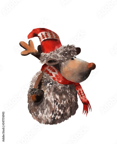 Toy Christmas Moose in a red hat and scarf, isolated on a white background. Watercolor illustration.