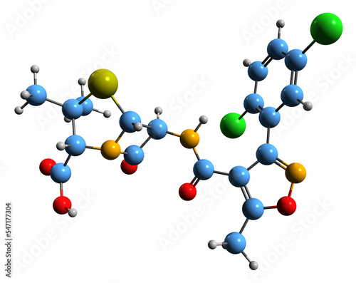 3D image of Dicloxacillin skeletal formula - molecular chemical structure of narrow-spectrum beta-lactam antibiotic isolated on white background photo