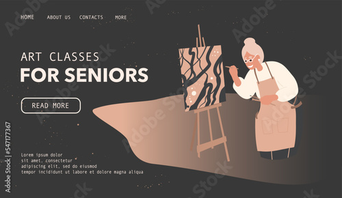 Art classes for Seniors poster, cartoon flat vector illustration. Painting class. Method of self-expression. Brochure, concept design. Landing page template, Senior woman Artist 