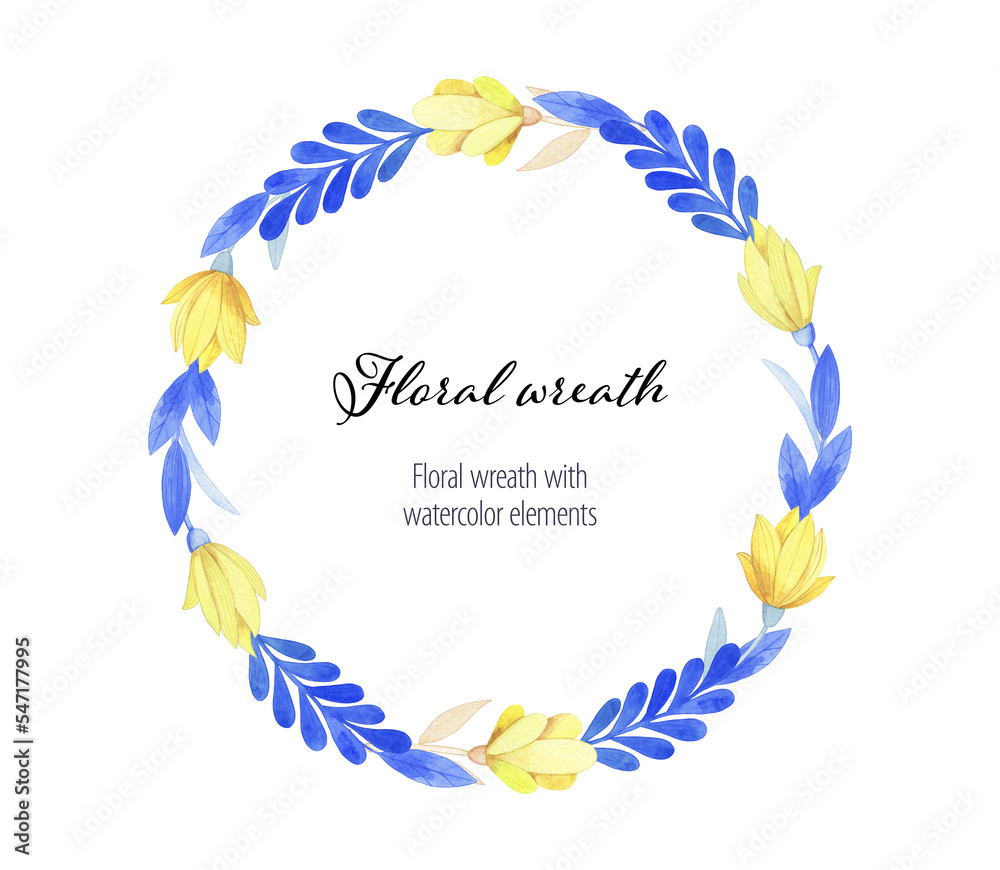 beautiful watercolor wreath with leaves and flowers on white background in blue and yellow