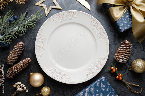 Plate for food for christmas on dark background