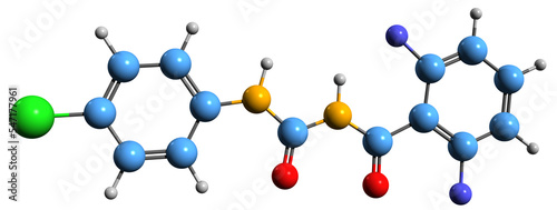  3D image of Diflubenzuron skeletal formula - molecular chemical structure of  benzoylurea insecticide isolated on white background
 photo