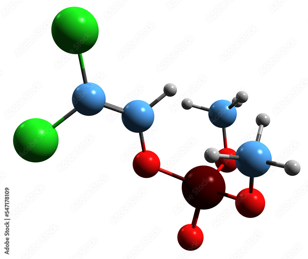 3D image of Dichlorvos skeletal formula - molecular chemical structure of dichlorovinyl dimethyl phosphate isolated on white background
3D image of Dichlorvos skeletal formula - molecular chemical structure of dichlorovinyl dimethyl phosphate isolated on white background